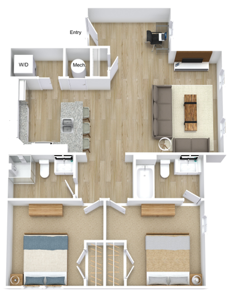 Floor plan for 2 beds, 2 baths, 855 sqft